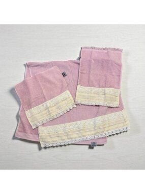 Vintage Utica Towels Set Mid Century Pink Lacey Full, Hand & Washcloth Girly